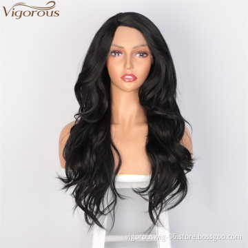 Vigorous Lace Frontal Long Body Wavy Synthetic Wigs For Women Side Part Black Heat Resistant Fiber Wholesale Price